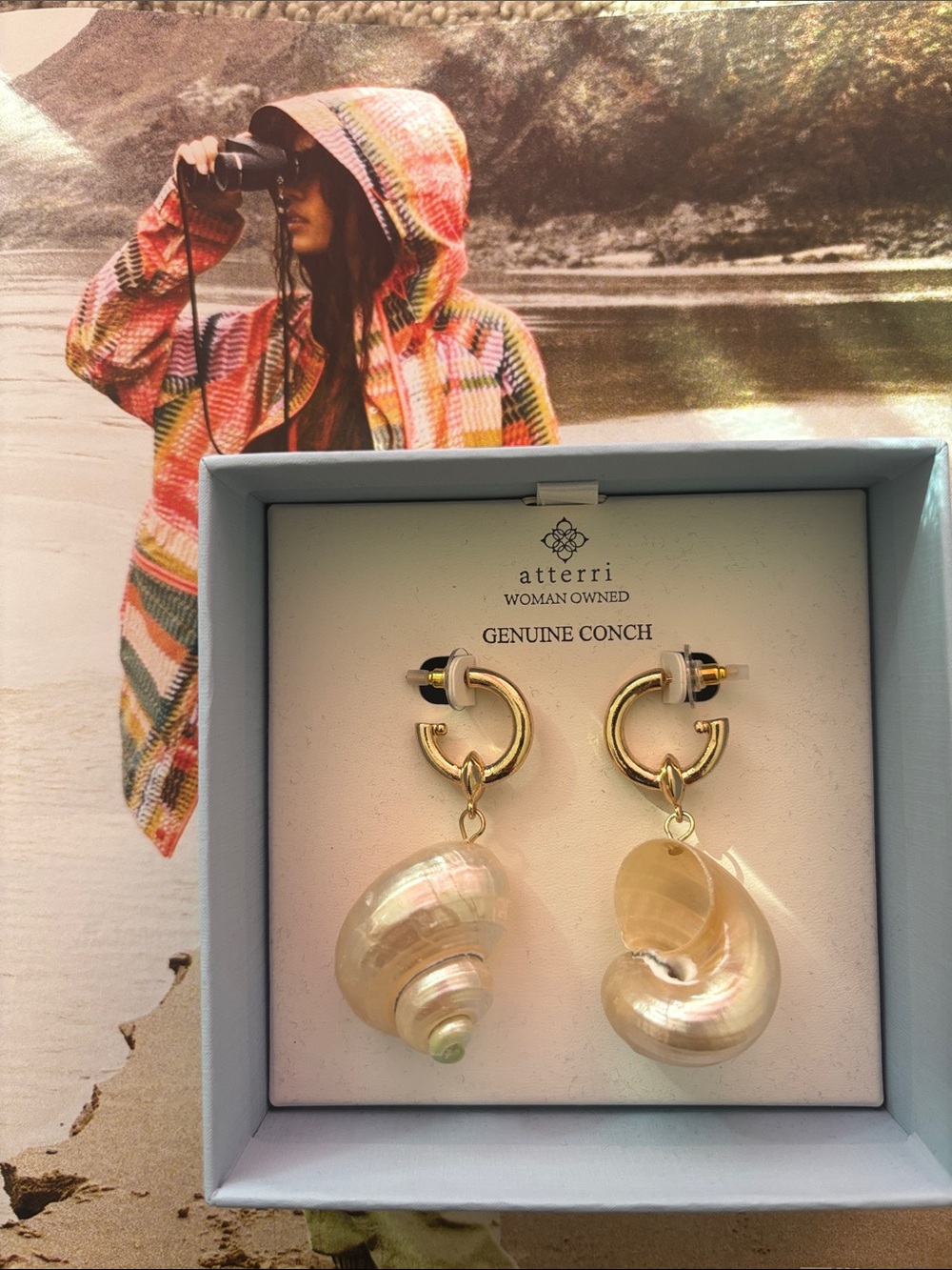 Gold Hoop Earrings with Genuine Conch Shell Drops - Cream